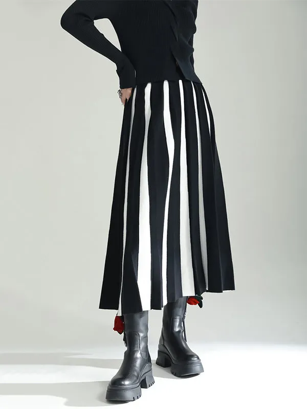 xakxx Original Creation Loose A-Line Contrast Color Striped Skirts Bottoms